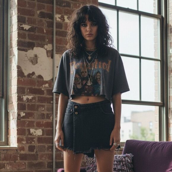 ZARA Asymmetrical Denim Wrap Skort in Black | Size Medium - Picture 2 of 8